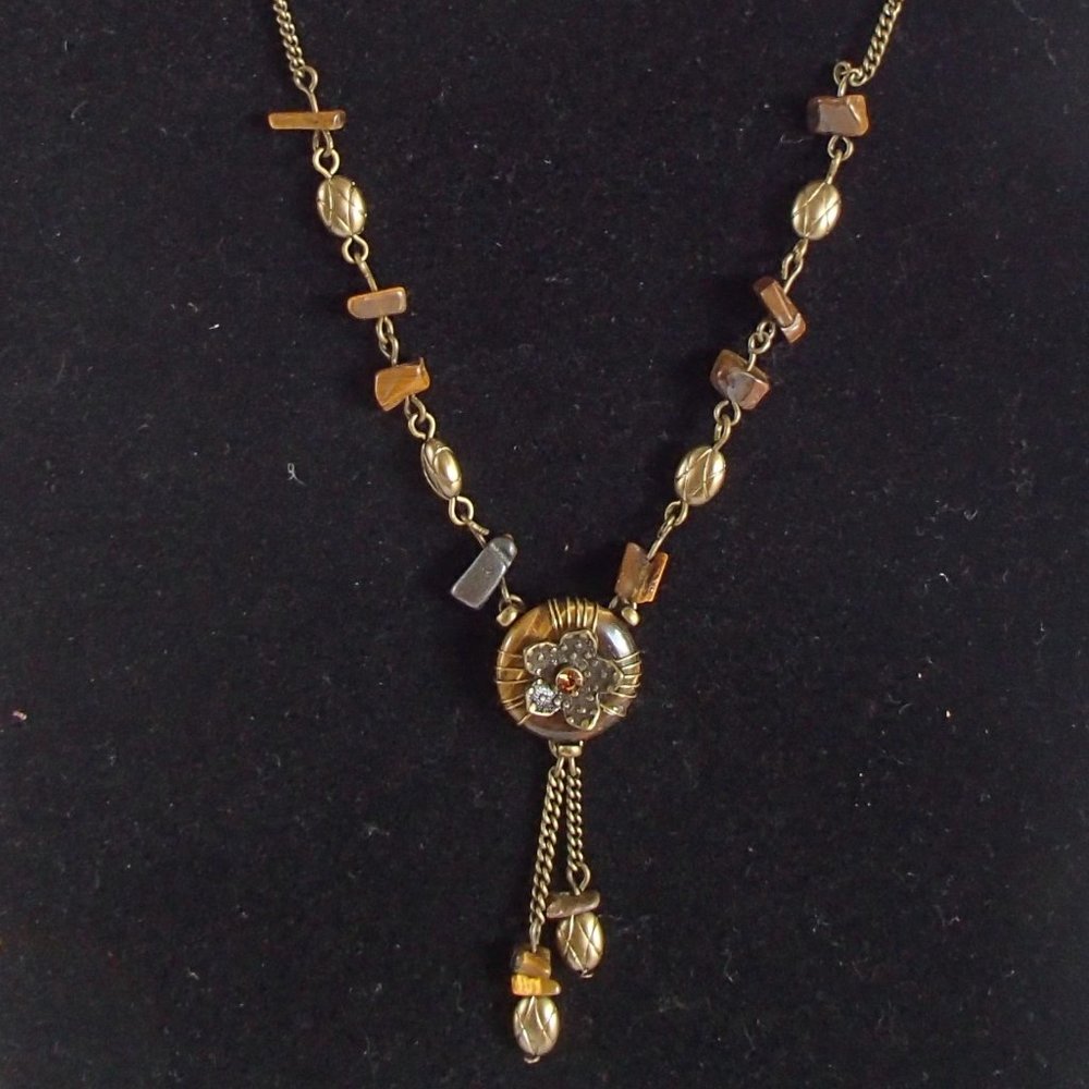 Tiger Eye Medallion Avon Necklace Earrings Set  Burnished Brass Nickel Free
